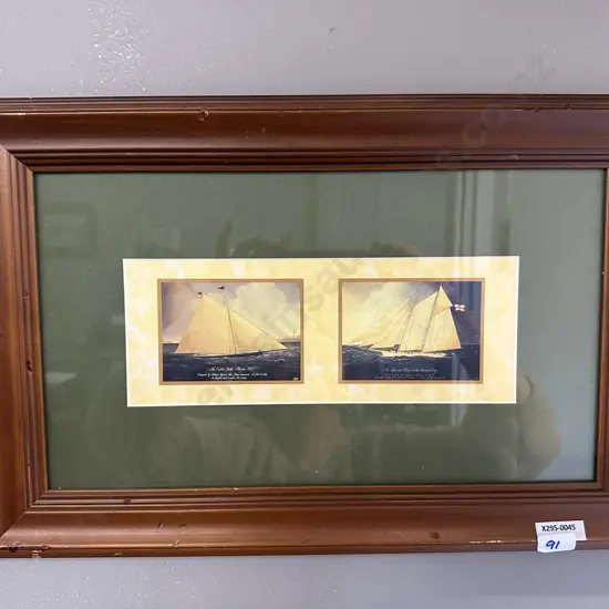 Vintage Framed Nautical Print 1857 Cutter Yacht & 1870 Schooner Magic Americas Cup Contender. 30 x 43cm