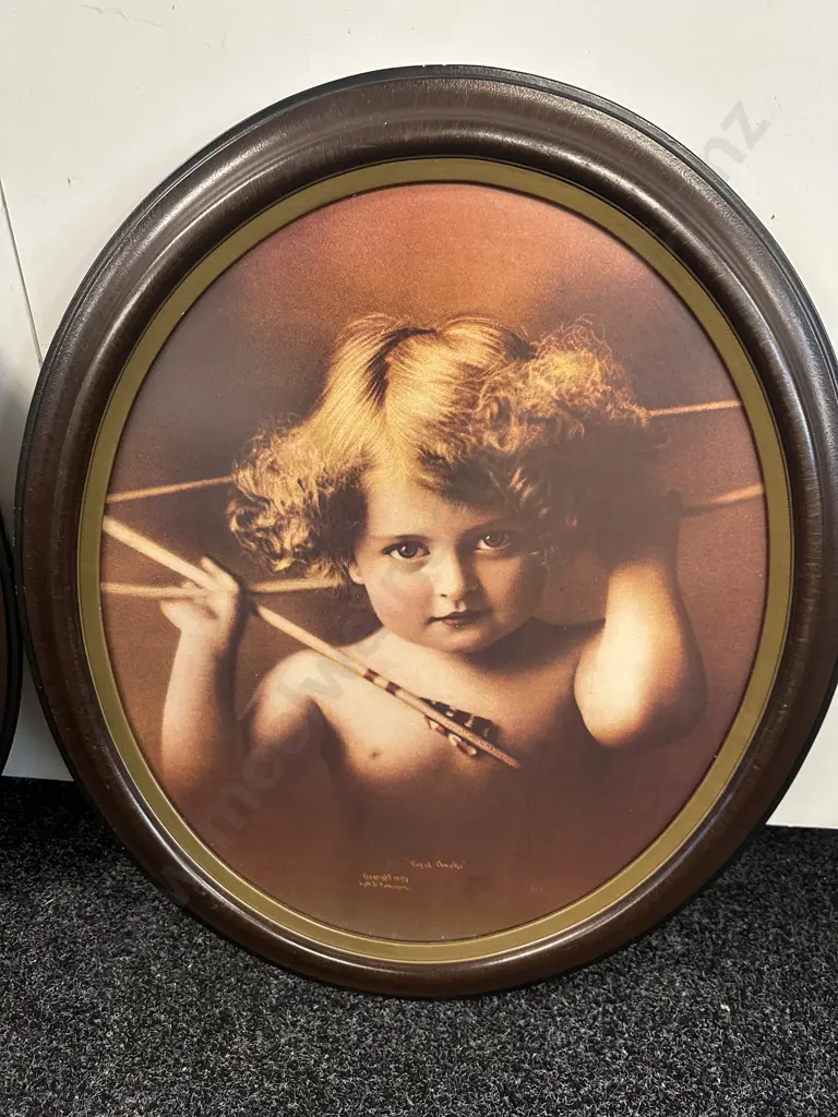 "Cupid Awake' & 'Cupid Asleep" Oval Mahogany Framed. 73 x 62cm Image 1++