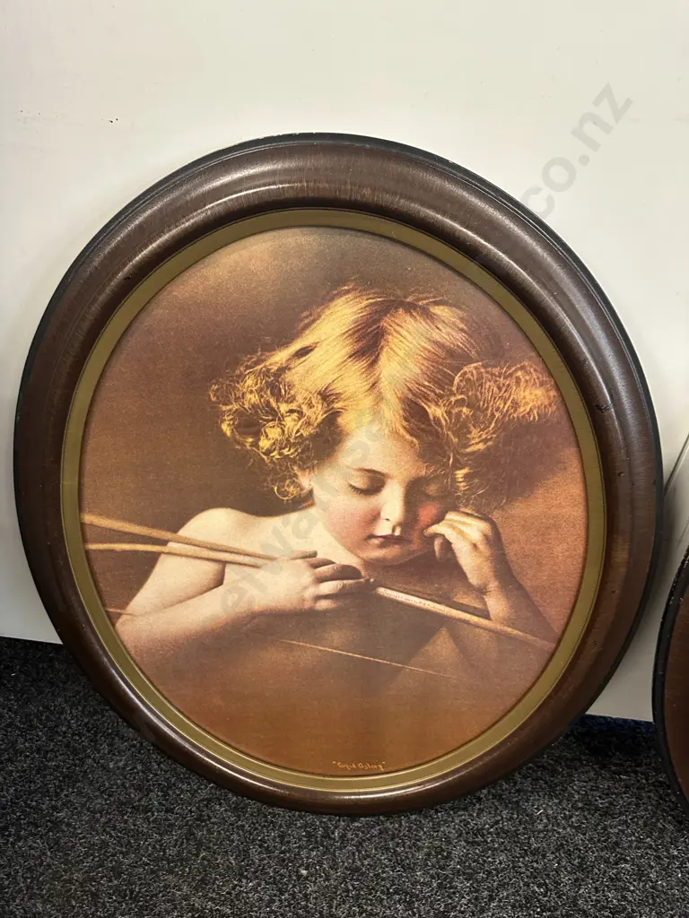 "Cupid Awake' & 'Cupid Asleep" Oval Mahogany Framed. 73 x 62cm Image 1++
