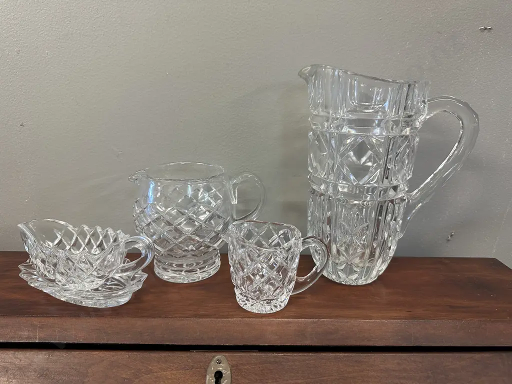 Selection Of Crystal Items Including Water Pitcher, Creamers Etc Image 1++