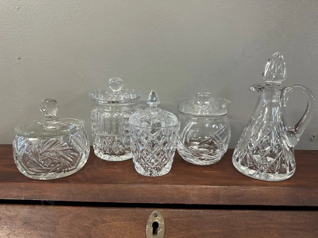 Selection Of Crystal Items Including Lidded Canisters & Vinegar Jug Image 1++