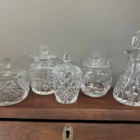 Selection Of Crystal Items Including Lidded Canisters & Vinegar Jug