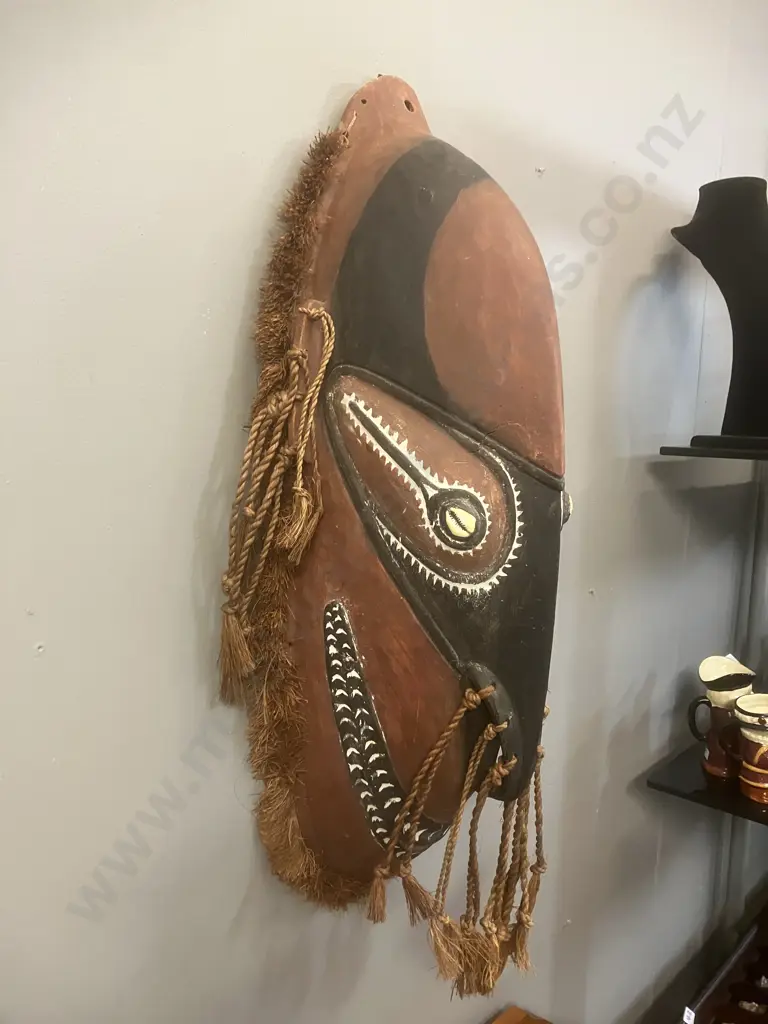Vintage Papua New Guinea Carved Wooden Mask, Shell Eyes & Elongated Nose, Multiple Tassels. 66cm Image 1++