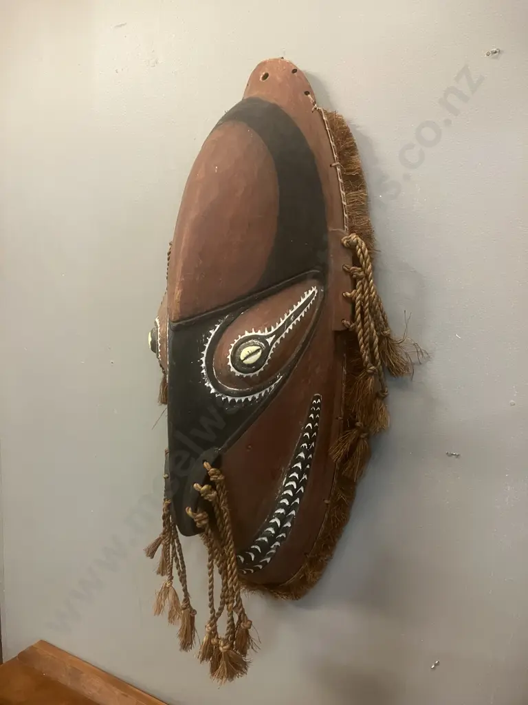 Vintage Papua New Guinea Carved Wooden Mask, Shell Eyes & Elongated Nose, Multiple Tassels. 66cm Image 1++