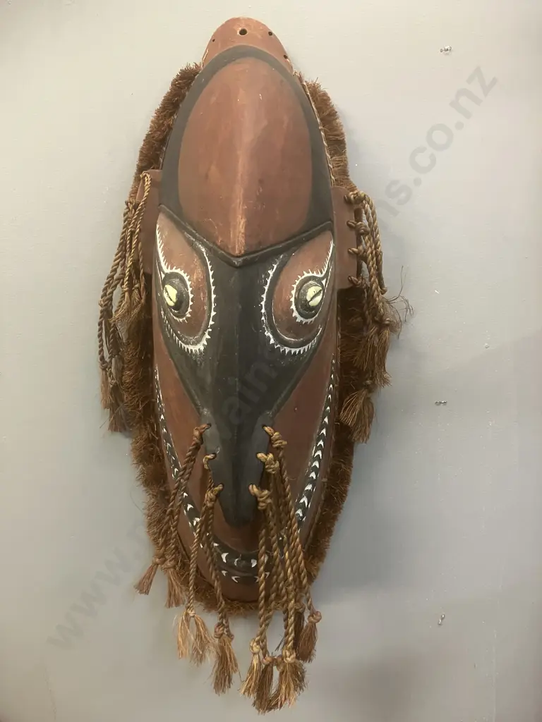Vintage Papua New Guinea Carved Wooden Mask, Shell Eyes & Elongated Nose, Multiple Tassels. 66cm Image 1++