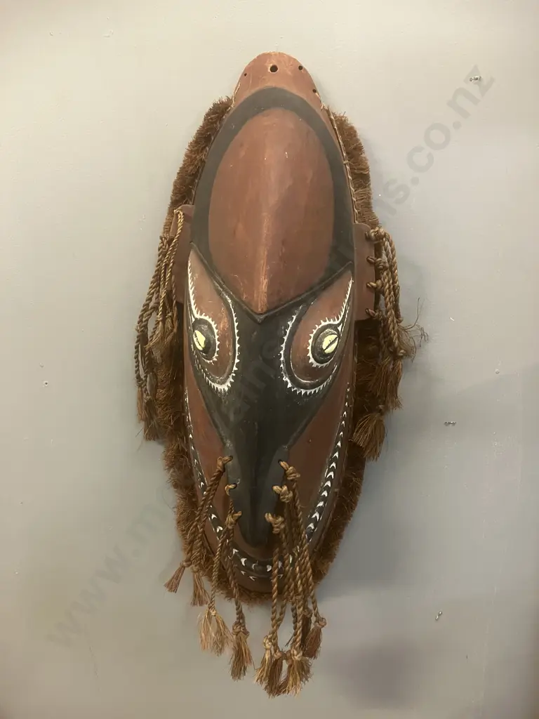 Vintage Papua New Guinea Carved Wooden Mask, Shell Eyes & Elongated Nose, Multiple Tassels. 66cm Image 1++