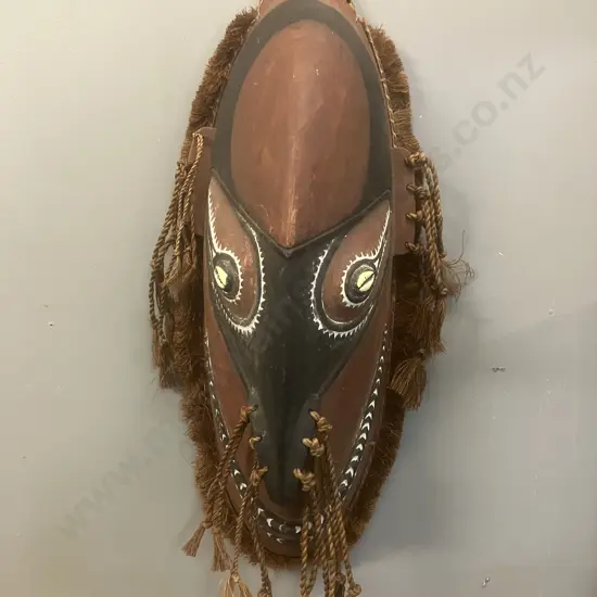 Vintage Papua New Guinea Carved Wooden Mask, Shell Eyes & Elongated Nose, Multiple Tassels. 66cm