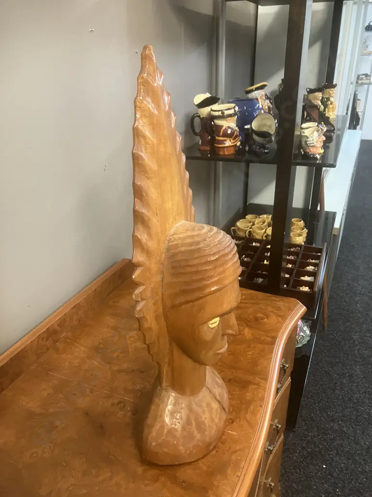 Vintage Hand Carved Wooden Bust With Conch Shell Eyes. 49cm Image 1++