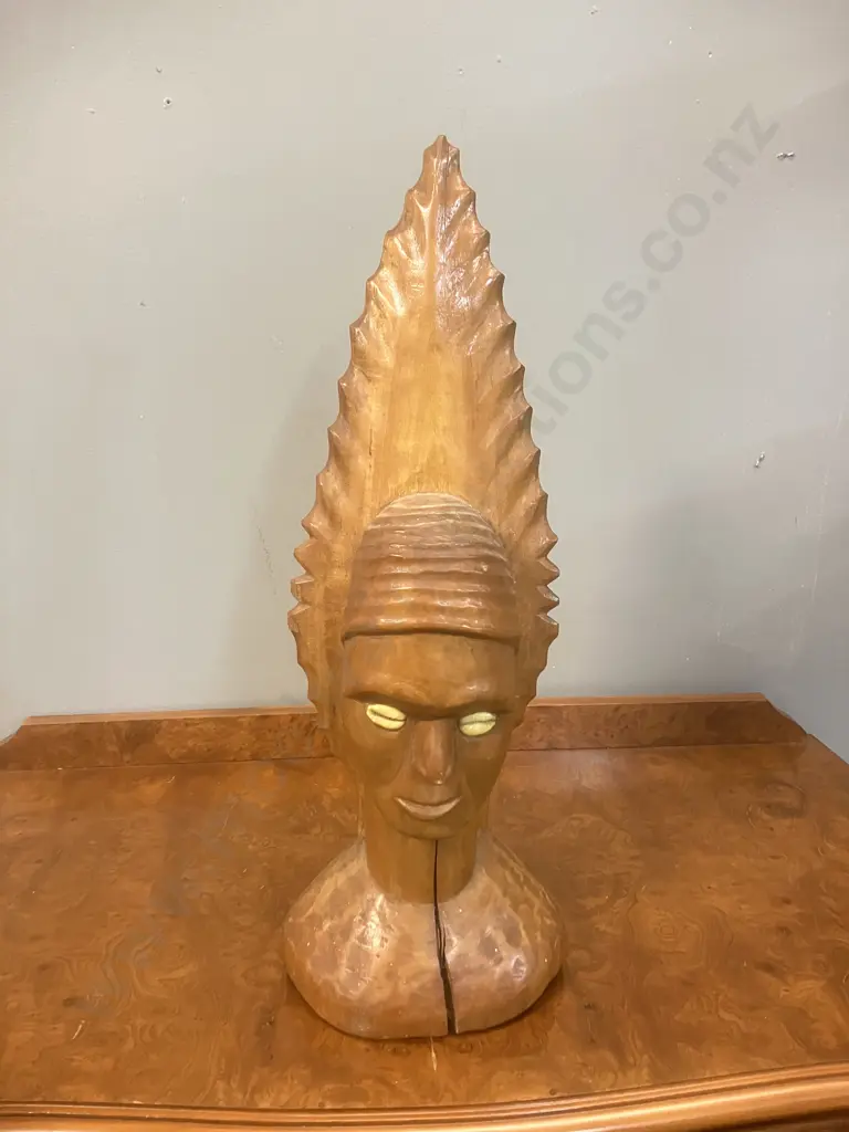 Vintage Hand Carved Wooden Bust With Conch Shell Eyes. 49cm Image 1++