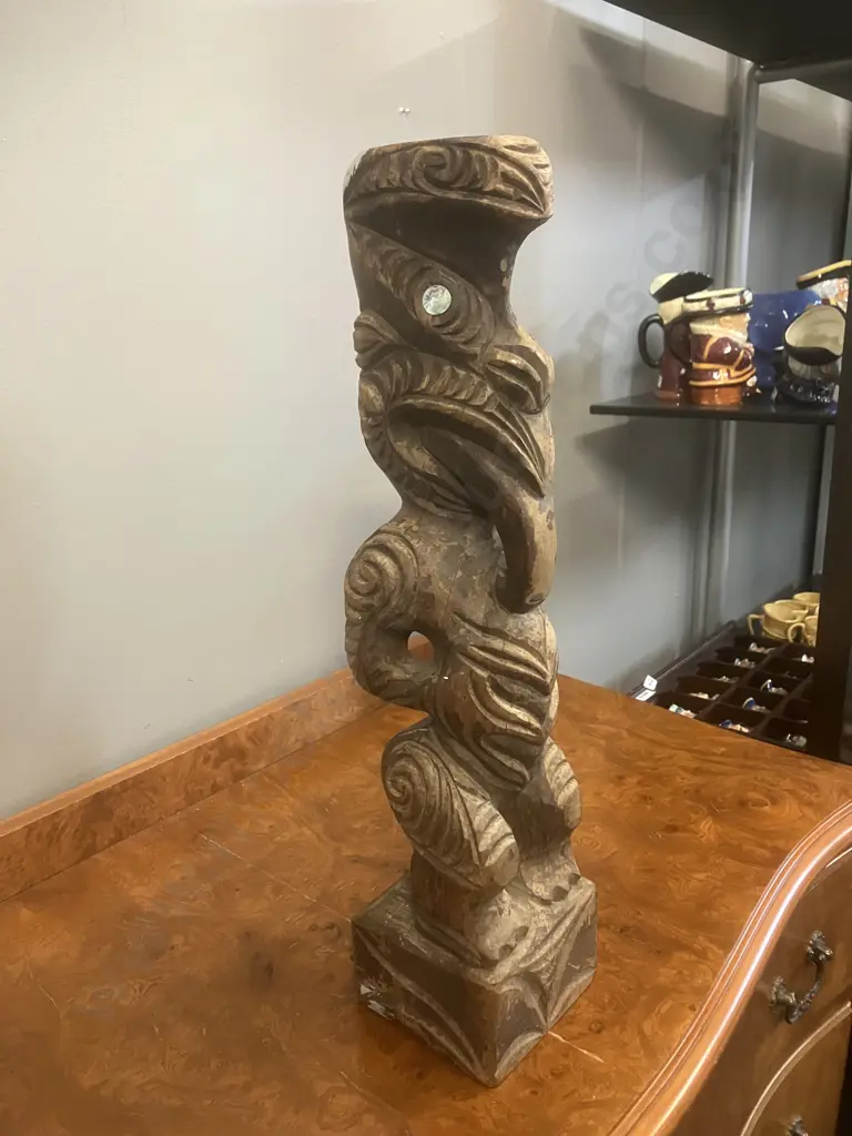 Vintage New Zealand Hand Carved Wooden Tekoteko - Ra Ruaporo Rotorua, 43cm with Paua Shell Eyes Image 1++