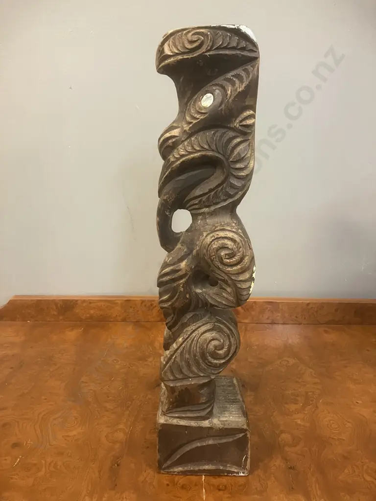 Vintage New Zealand Hand Carved Wooden Tekoteko - Ra Ruaporo Rotorua, 43cm with Paua Shell Eyes Image 1++