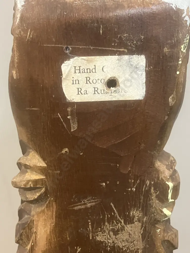 Vintage New Zealand Hand Carved Wooden Tekoteko - Ra Ruaporo Rotorua, 43cm with Paua Shell Eyes Image 1++