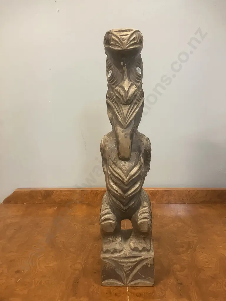 Vintage New Zealand Hand Carved Wooden Tekoteko - Ra Ruaporo Rotorua, 43cm with Paua Shell Eyes Image 1++