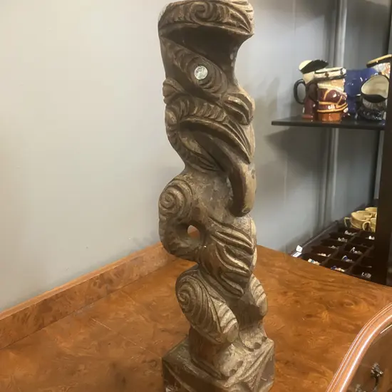 Vintage New Zealand Hand Carved Wooden Tekoteko - Ra Ruaporo Rotorua, 43cm with Paua Shell Eyes