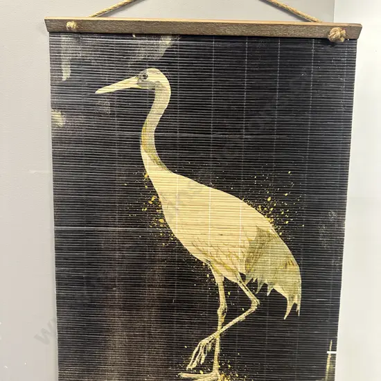 Vintage Bamboo Hanging Wall Art Cream Coloured Wading Bird H83 W60cm.