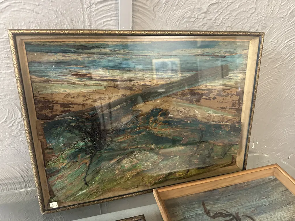 Framed Abstract Mixed media Artwork Acrylic On Bark, Shaped By The Wind Seascapes by Edith Lodge Image 1++