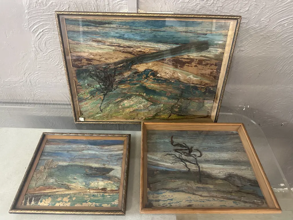 Framed Abstract Mixed media Artwork Acrylic On Bark, Shaped By The Wind Seascapes by Edith Lodge Image 1++