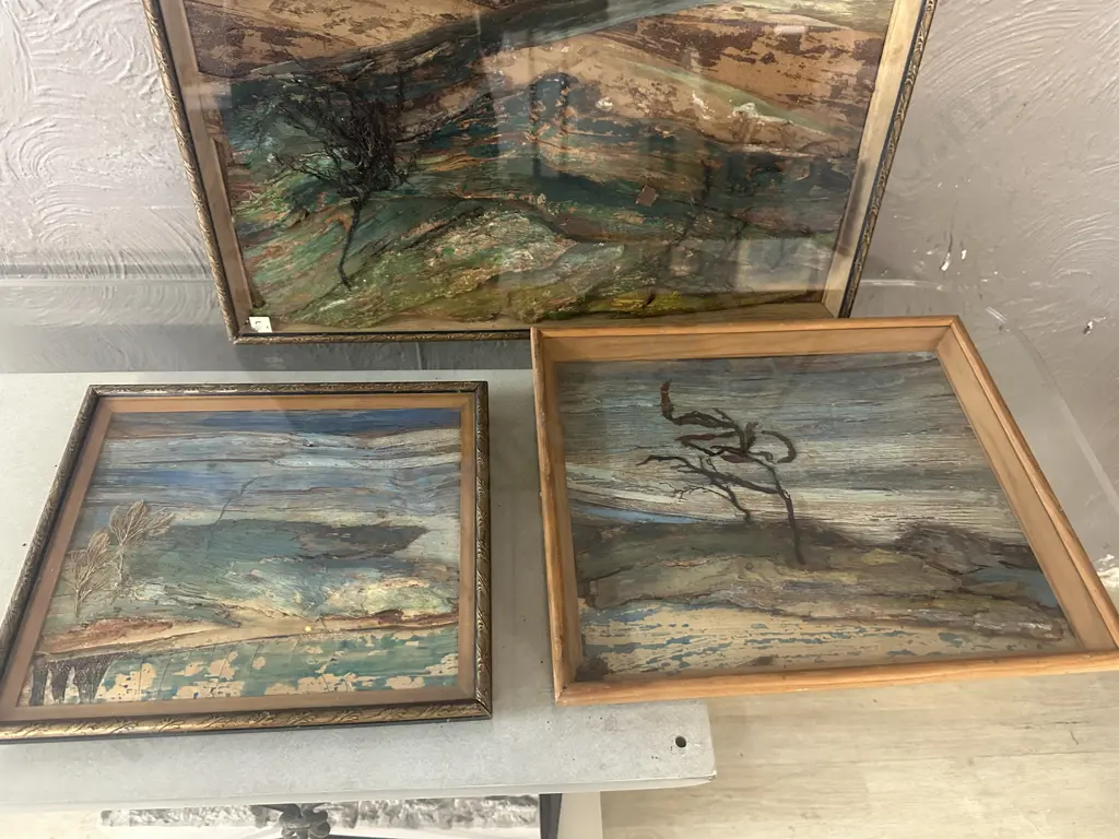 Framed Abstract Mixed media Artwork Acrylic On Bark, Shaped By The Wind Seascapes by Edith Lodge Image 1++