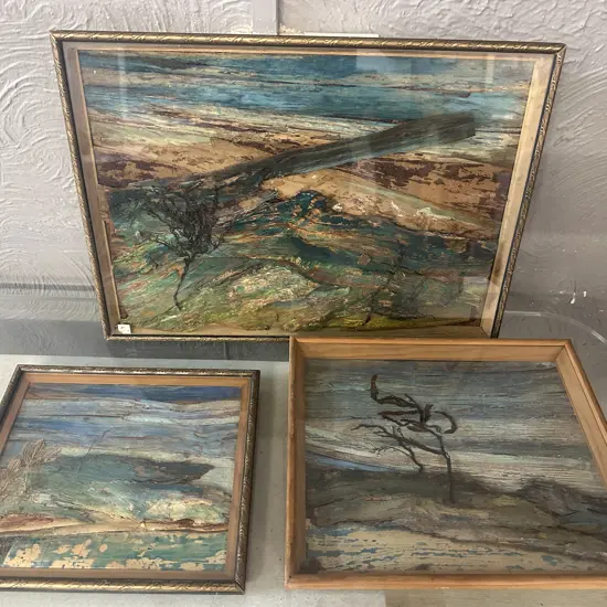 Framed Abstract Mixed media Artwork Acrylic On Bark, Shaped By The Wind Seascapes by Edith Lodge