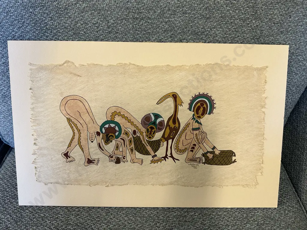 Signed Matenga 437/600 Folk Painting On Fabric Art Figures & Animal Motifs. 35 x 57cm Image 1++