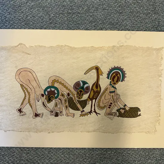 Signed Matenga 437/600 Folk Painting On Fabric Art Figures & Animal Motifs. 35 x 57cm