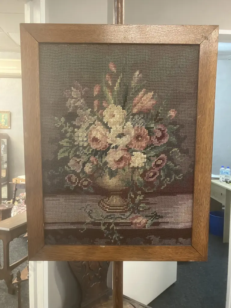 Antique Oak Pole Screen With Tapestry. H185cm Image 1++