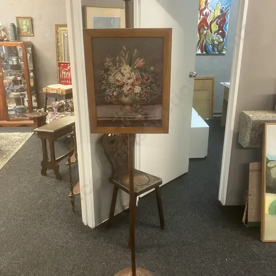 Antique Oak Pole Screen With Tapestry. H185cm
