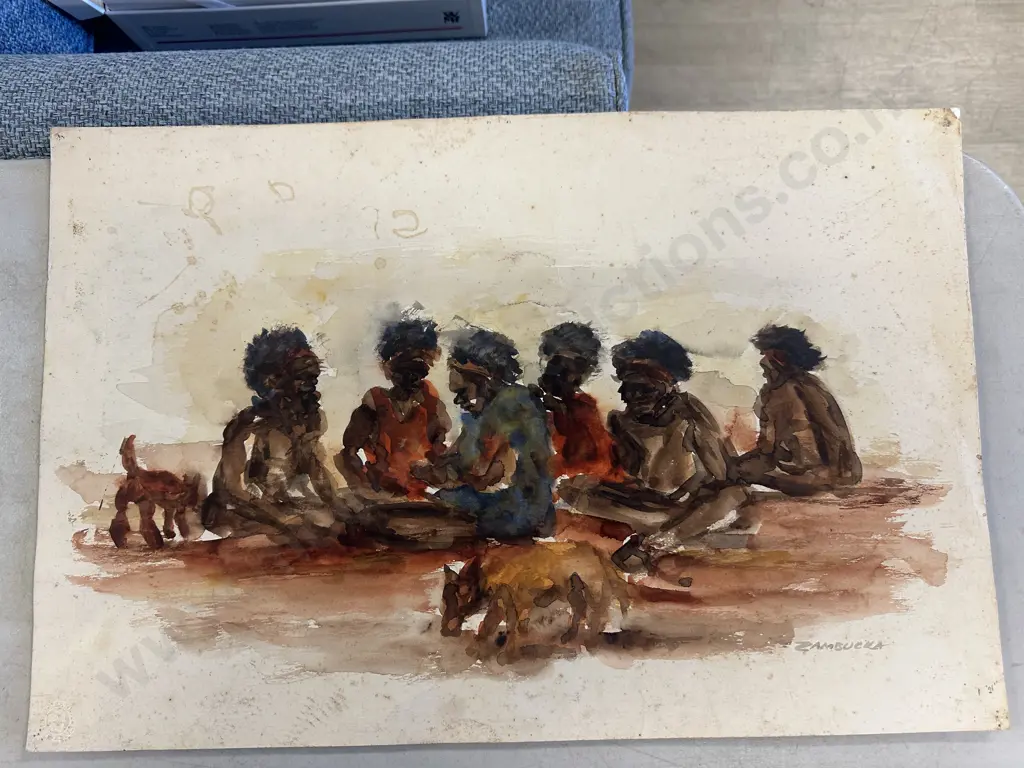 Zambucka Signed Watercolour Native Australians Image 1++
