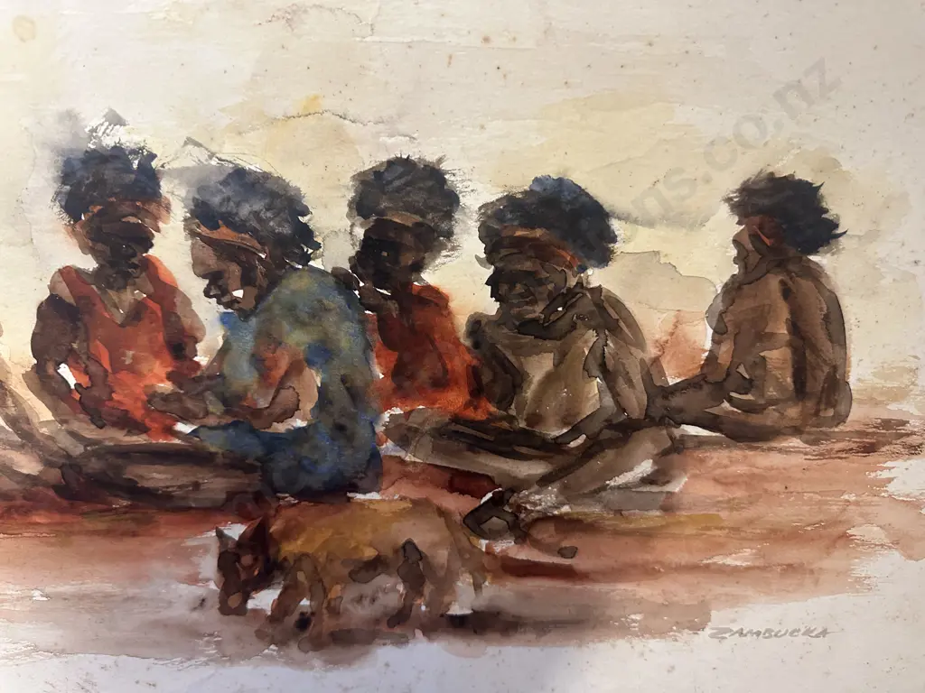 Zambucka Signed Watercolour Native Australians Image 1++