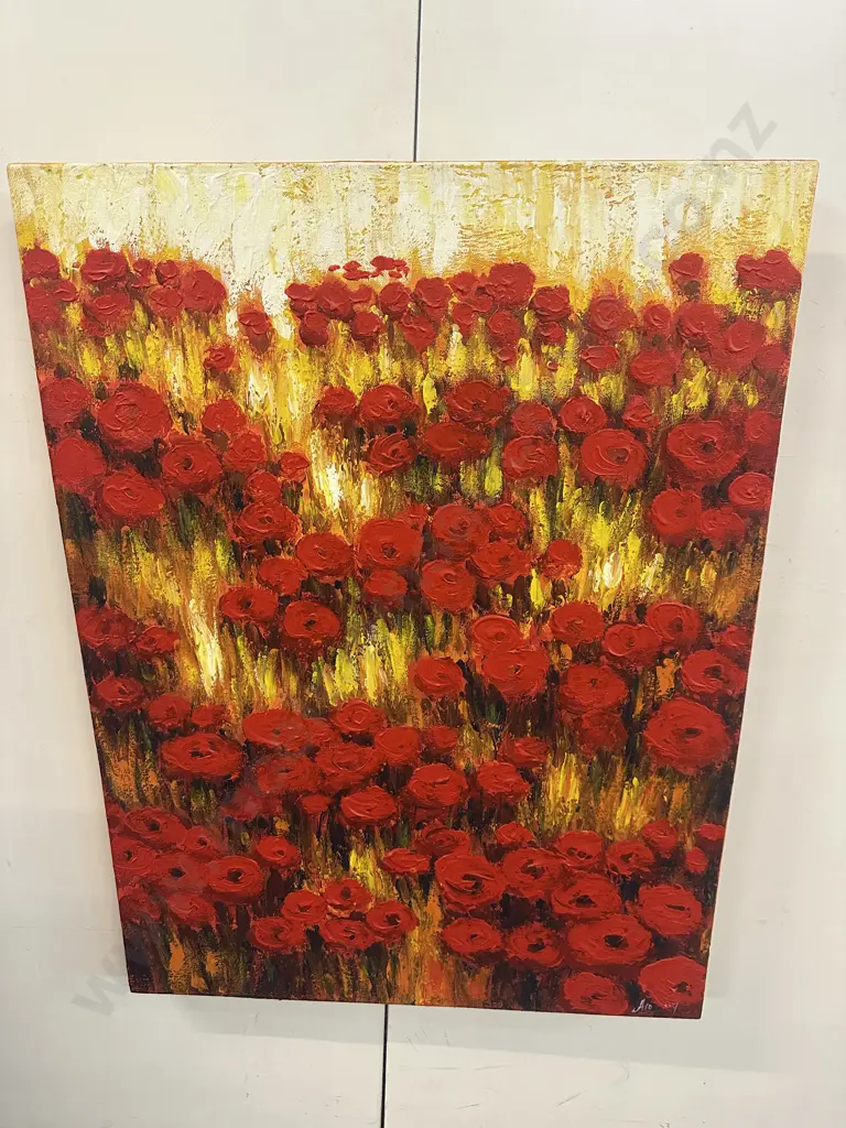 Original Signed Oil On Canvas Featuring Red Poppies With Yellow & White Background. 80 x 60cm Image 1++