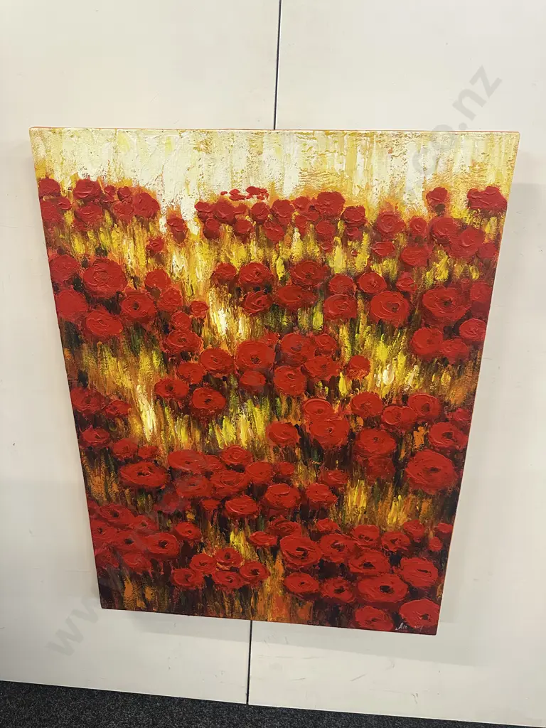 Original Signed Oil On Canvas Featuring Red Poppies With Yellow & White Background. 80 x 60cm Image 1++