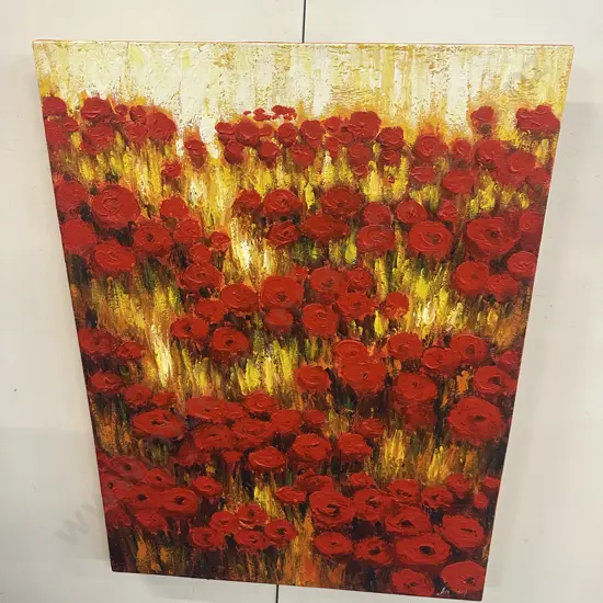 Original Signed Oil On Canvas Featuring Red Poppies With Yellow & White Background. 80 x 60cm