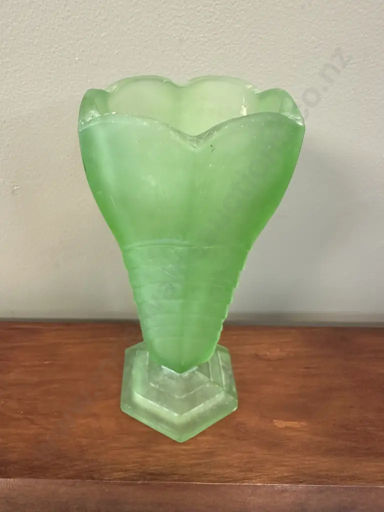 Vintage Art Deco Frosted Green Pressed Glass 'Chevron' Vase H21cm. Image 1++