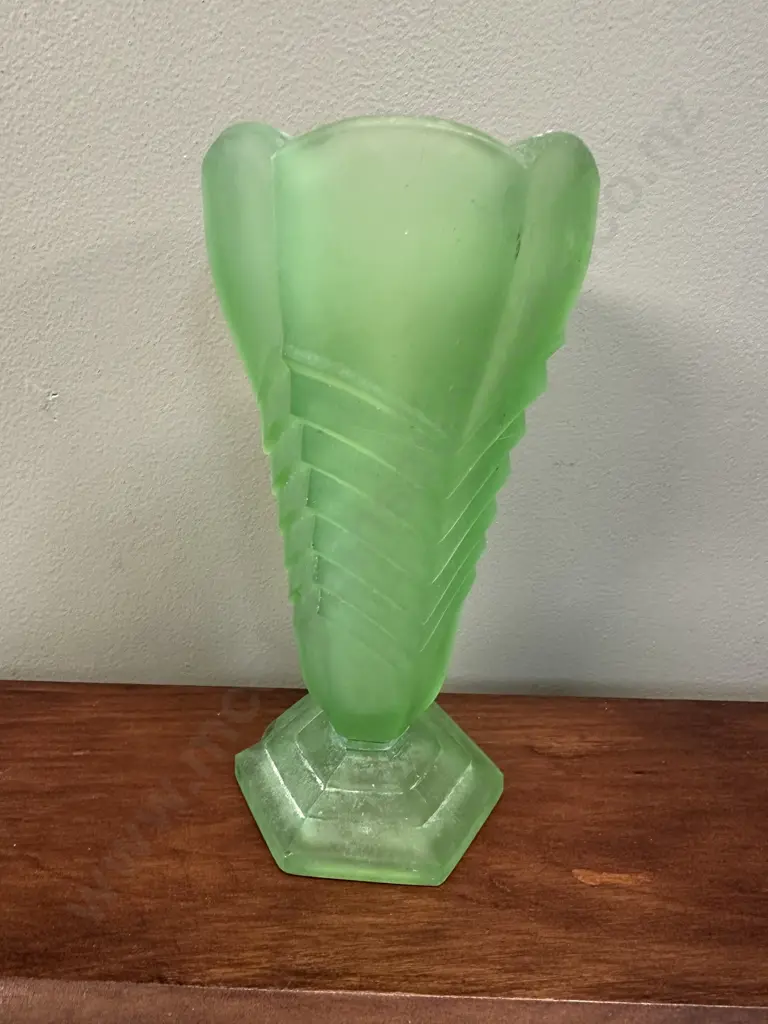 Vintage Art Deco Frosted Green Pressed Glass 'Chevron' Vase H21cm. Image 1++
