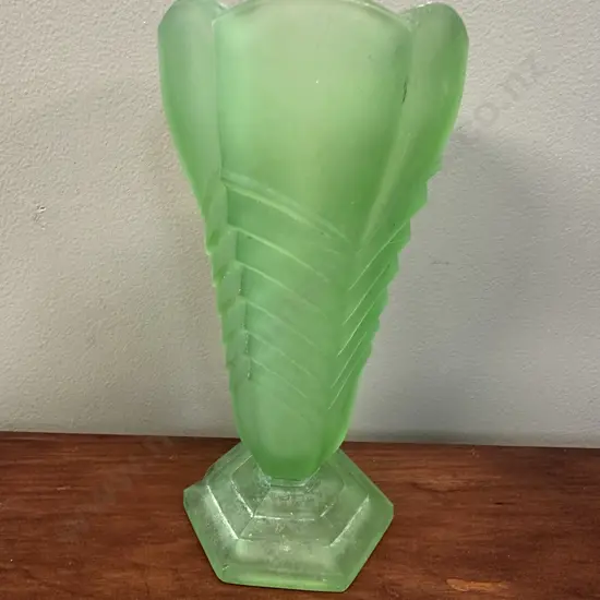 Vintage Art Deco Frosted Green Pressed Glass 'Chevron' Vase H21cm.