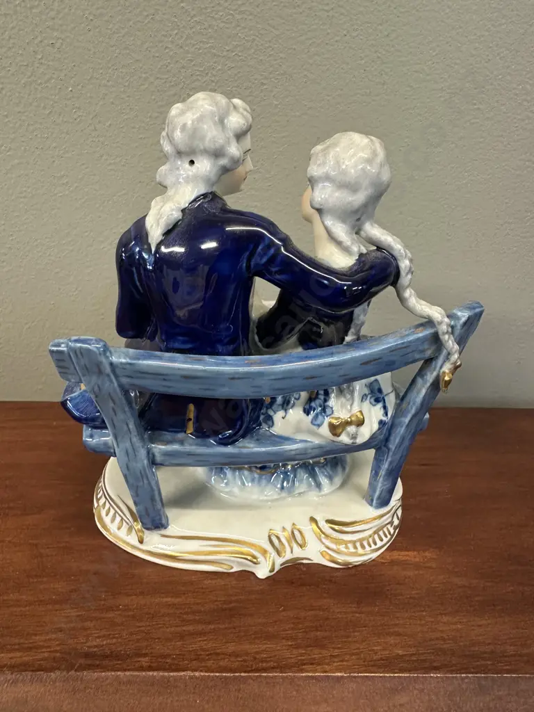 Vintage Courting Couple On Bench Seat Colbalt Blue & White With Gilding Image 1++