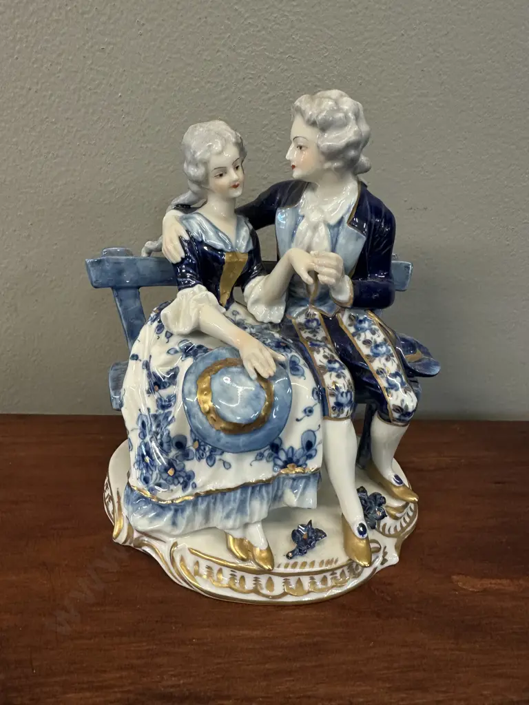 Vintage Courting Couple On Bench Seat Colbalt Blue & White With Gilding Image 1++