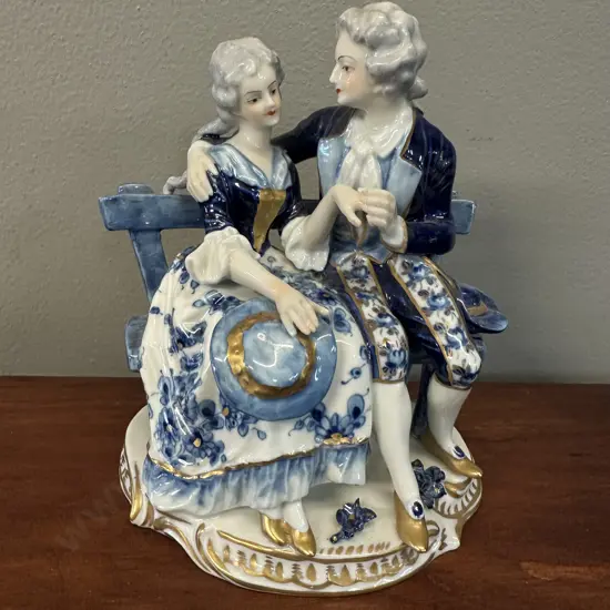 Vintage Courting Couple On Bench Seat Colbalt Blue & White With Gilding