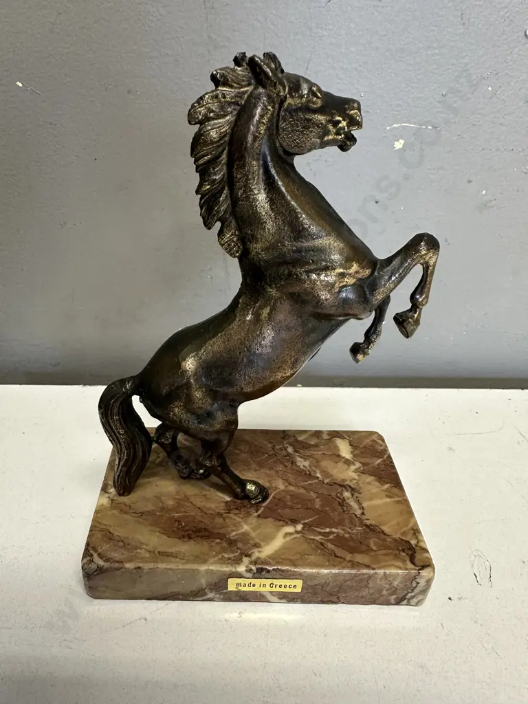 Brass Rearing Horse Figurine On Marble Plinth Made In Greece H19cm. Image 1++