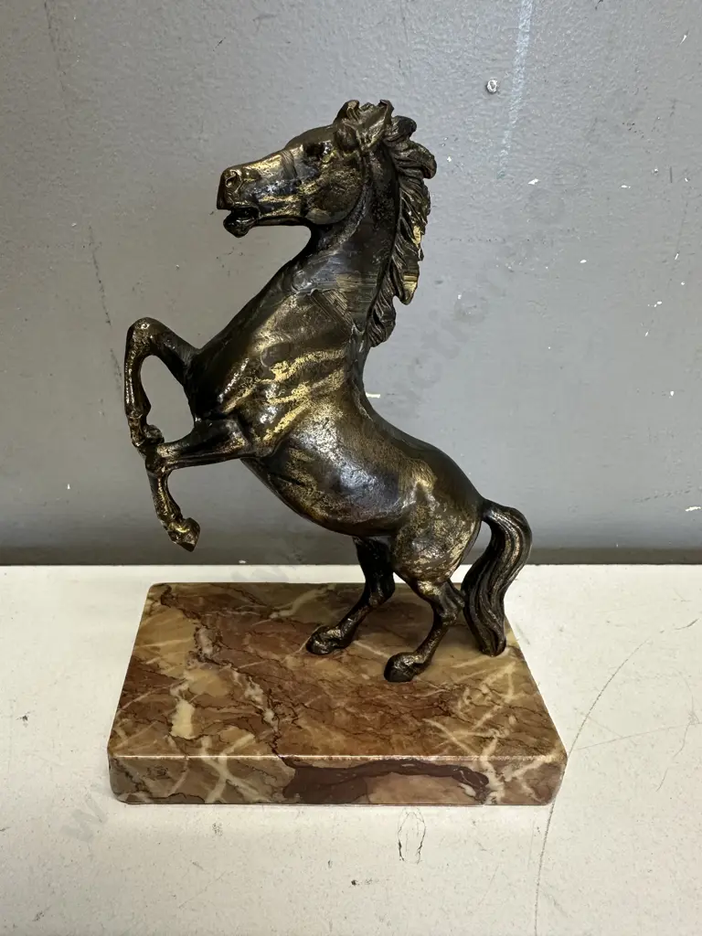 Brass Rearing Horse Figurine On Marble Plinth Made In Greece H19cm. Image 1++