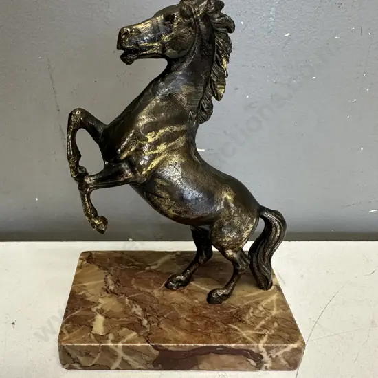 Brass Rearing Horse Figurine On Marble Plinth Made In Greece H19cm.