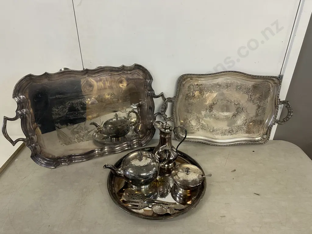 Selection Of Silverware items Including Large Serving Trays, Teapot Etc Image 1++
