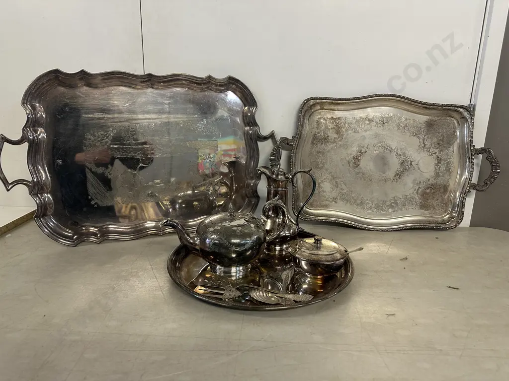 Selection Of Silverware items Including Large Serving Trays, Teapot Etc Image 1++