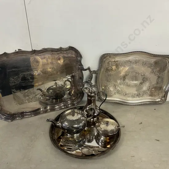 Selection Of Silverware items Including Large Serving Trays, Teapot Etc