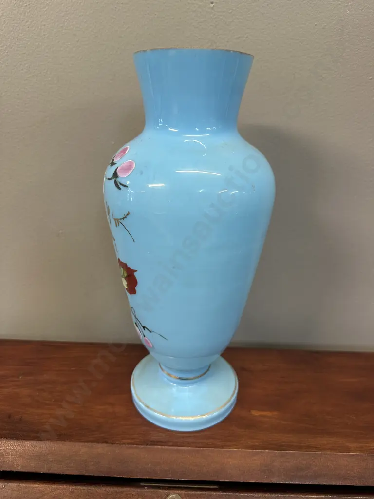 Stunning Antique Light Blue Opaline Glass Vase & Floral Motifs H36cm. Image 1++
