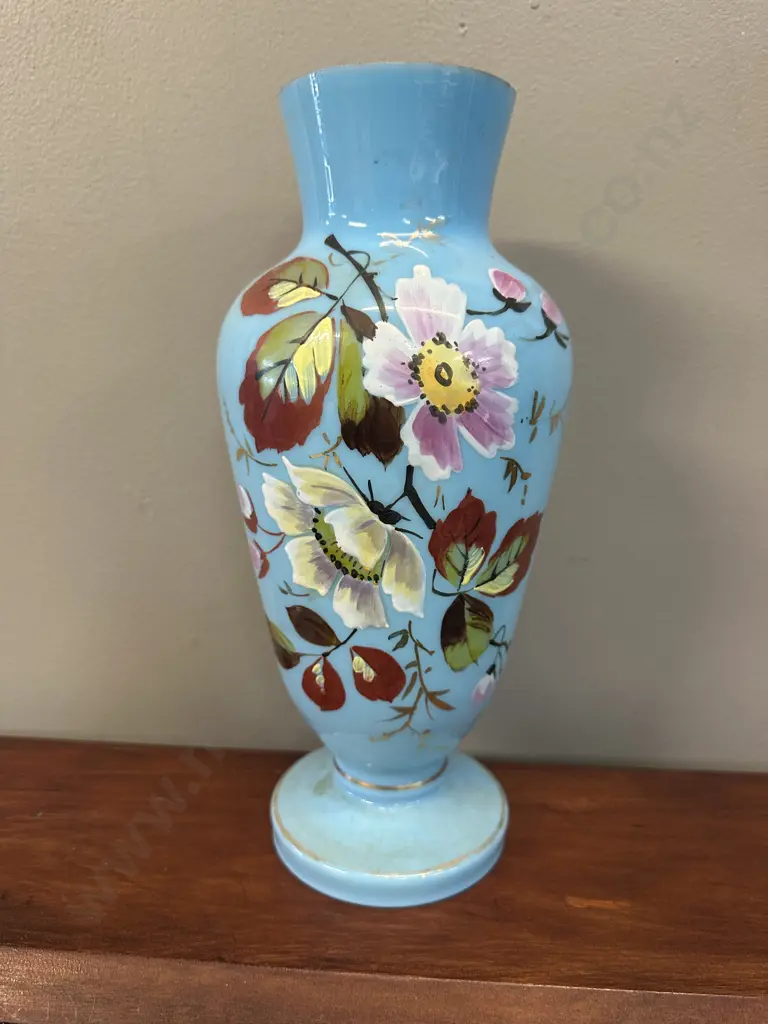 Stunning Antique Light Blue Opaline Glass Vase & Floral Motifs H36cm. Image 1++