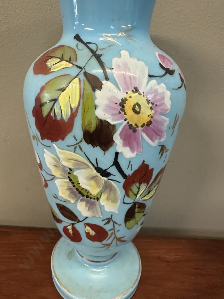 Stunning Antique Light Blue Opaline Glass Vase & Floral Motifs H36cm. Image 1++