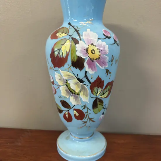 Stunning Antique Light Blue Opaline Glass Vase & Floral Motifs H36cm.
