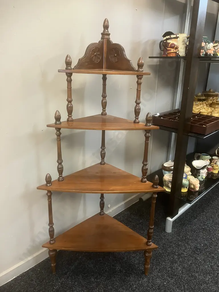 Mahogany Corner Whatnot, Carved, 4 Shelf. H120cm Image 1++