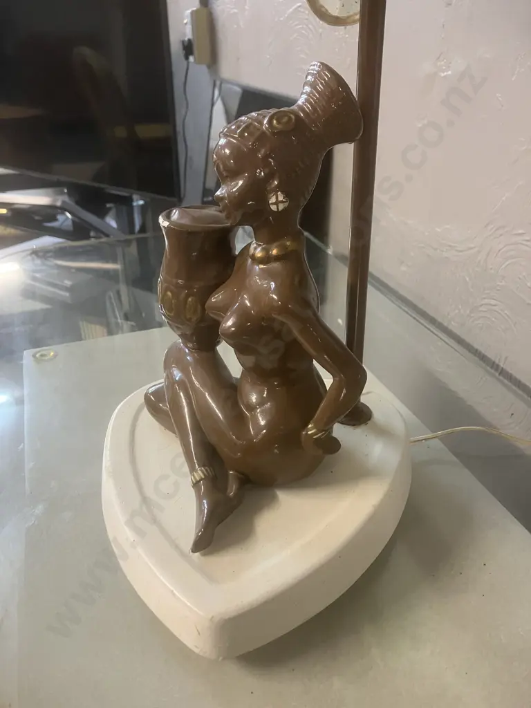 Vintage 1960s Brown Naked African Woman Figural Table Lamp With Lotus Flower Shade. 50cm Image 1++